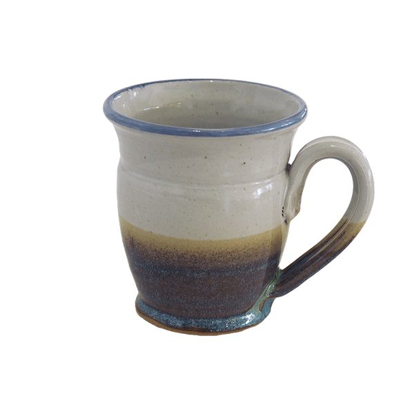 Coffee or Tea Mug Cup Stoneware Pottery, Waxy White/Copper Blue & Cobalt Blue Trim, 12 oz (354 mL)