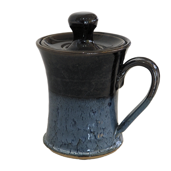 Lidded Coffee or Tea Mug Cup Stoneware Pottery, Enamel Blue/Waxy White Overlap, 14 oz (414 mL)