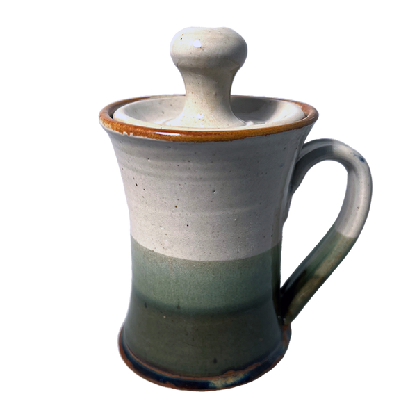 Lidded Coffee or Tea Mug Cup Stoneware Pottery, Waxy White/Olive Green Overlap, 14 oz (414 mL)