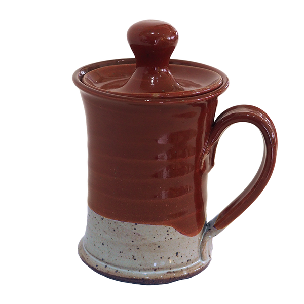Lidded Coffee or Tea Mug Cup Stoneware Pottery, Waxy White/Copper Red, 14 oz (414 mL)
