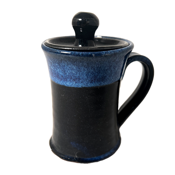 Lidded Coffee or Tea Mug Cup Stoneware Pottery, Enamel Blue/Copper Blue Top, 14 oz (414 mL)