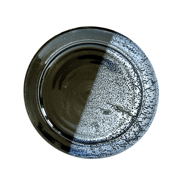 Luncheon or Dessert Plate Stoneware Pottery, Onyx/Aquamarine Overlay