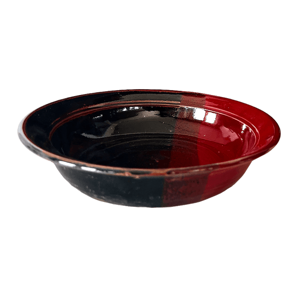 Rimmed Soup or Salad Bowl Stoneware Pottery, Black/Copper Red Overlap