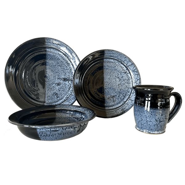 Dinner Plate, Luncheon Plate, Soup or Salad Bowl, & Coffee or Tea Mug Dinnerware Set Stoneware Pottery, Onyx/Aquamarine Overlay