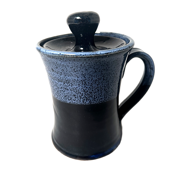 Lidded Coffee or Tea Mug Cup Stoneware Pottery, Enamel Blue/Waxy White Overlap, 14 oz (414 mL)