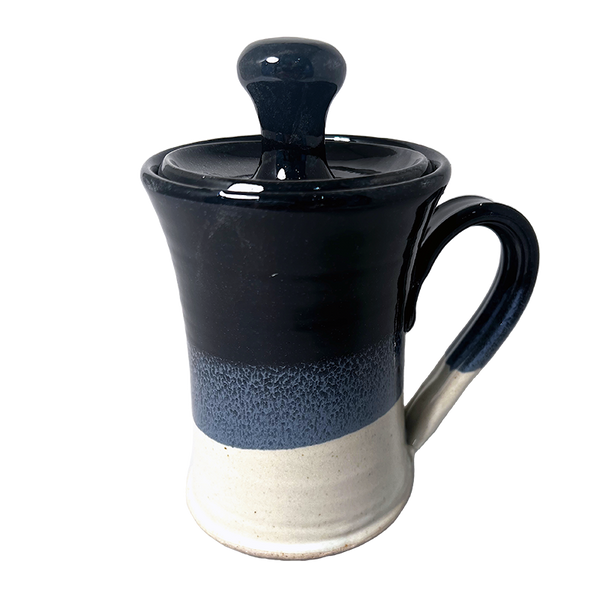 Lidded Coffee or Tea Mug Cup Stoneware Pottery, Enamel Blue Top/Waxy White Overlap, 14 oz (414 mL)