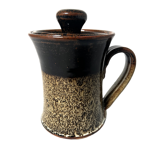 Lidded Coffee or Tea Mug Cup Stoneware Pottery, Black/Waxy White, 14 oz (414 mL)