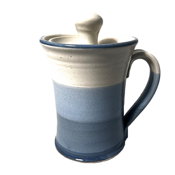 Lidded Coffee or Tea Mug Cup Stoneware Pottery, Waxy White/Robin Blue Overlap/Cobalt Blue Trim, 14 oz (414 mL)