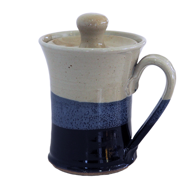 Lidded Coffee or Tea Mug Cup Stoneware Pottery, Enamel Blue Bottom/Waxy White Overlap, 14 oz (414 mL)