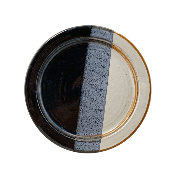 Luncheon or Dessert Plate Stoneware Pottery, Pearl/Aquamarine Overlay/Onyx