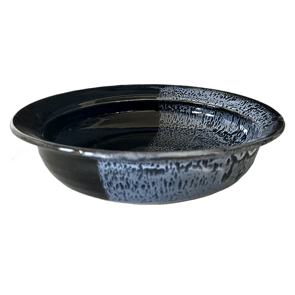 Rimmed Soup or Salad Bowl Stoneware Pottery, Onyx/Aquamarine Overlay
