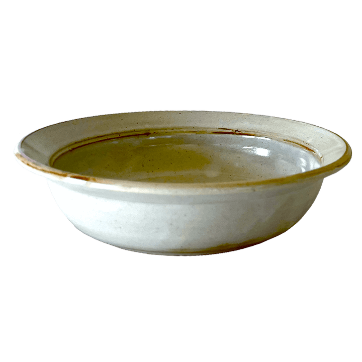 Rimmed Soup or Salad Bowl Stoneware Pottery, Pearl/Iron Decor