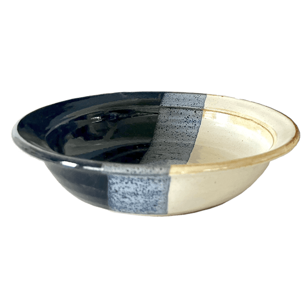 Rimmed Soup or Salad Bowl Stoneware Pottery, Pearl/Aquamarine Overlay/Onyx