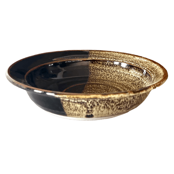 Rimmed Soup or Salad Bowl Stoneware Pottery, Pearl Overlay/Onyx