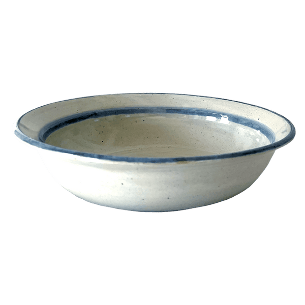 Rimmed Soup or Salad Bowl Stoneware Pottery, Pearl/Cobalt Decor