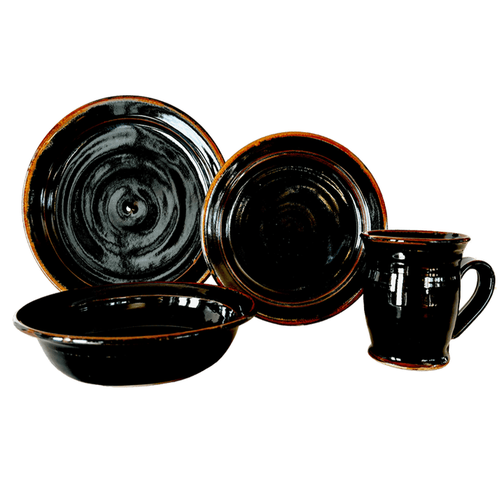 Dinner Plate, Luncheon Plate, Soup or Salad Bowl, & Coffee or Tea Mug Dinnerware Set Stoneware Pottery, Onyx