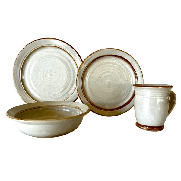 Dinner Plate, Luncheon Plate, Soup or Salad Bowl, & Coffee or Tea Mug Dinnerware Set Stoneware Pottery, Pearl/Iron Decor