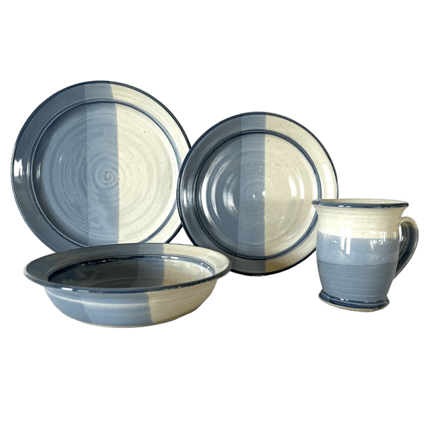 Dinner Plate, Luncheon Plate, Soup or Salad Bowl, & Coffee or Tea Mug Dinnerware Set Stoneware Pottery, Pearl/Aquamarine
