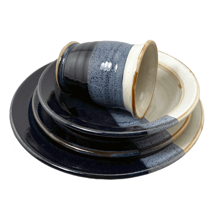 Dinner Plate, Luncheon Plate, Soup or Salad Bowl, & Coffee or Tea Mug Dinnerware Set Stoneware Pottery, Pearl/Aquamarine Overlay/Onyx