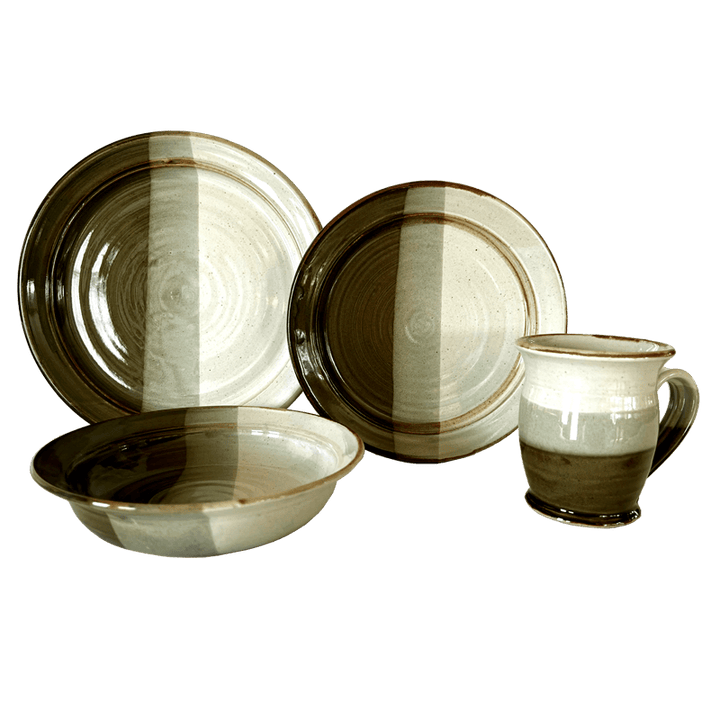 Dinner Plate, Luncheon Plate, Soup or Salad Bowl, & Coffee or Tea Mug Dinnerware Set Stoneware Pottery, Pearl/Jade