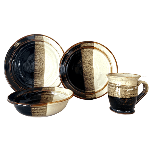 Dinner Plate, Luncheon Plate, Soup or Salad Bowl, & Coffee or Tea Mug Dinnerware Set Stoneware Pottery, Pearl/Onyx
