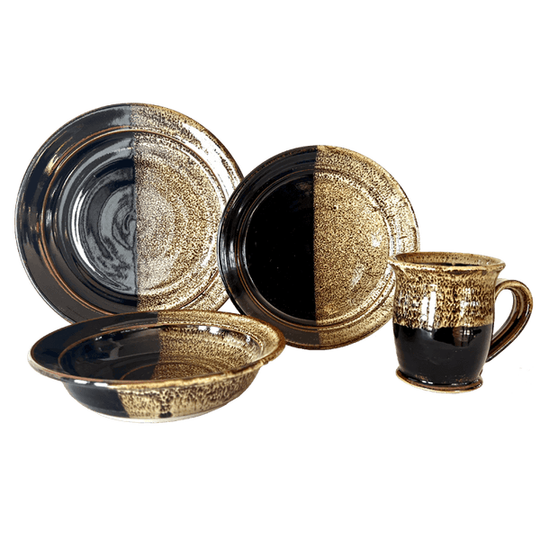 Dinner Plate, Luncheon Plate, Soup or Salad Bowl, & Coffee or Tea Mug Dinnerware Set Stoneware Pottery, Black/Waxy White Overlap