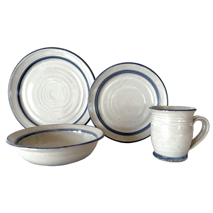 Dinner Plate, Luncheon Plate, Soup or Salad Bowl, & Coffee or Tea Mug Dinnerware Set Stoneware Pottery, Pearl/Cobalt Decor