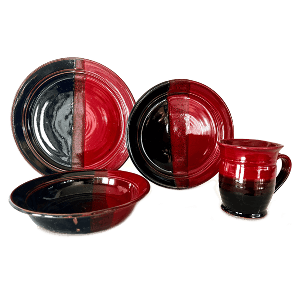 Dinner Plate, Luncheon Plate, Soup or Salad Bowl, & Coffee or Tea Mug Dinnerware Set Stoneware Pottery, Black/Copper Red Overlap