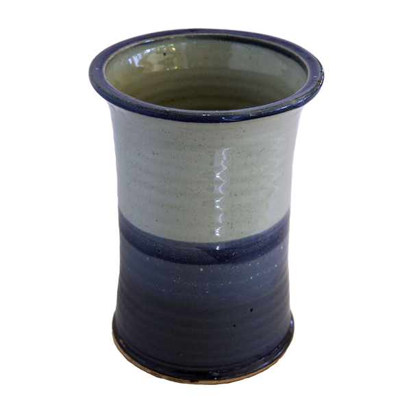 Wine Brique Bottle Cooler Stoneware Pottery, Waxy White/Robin Blue Overlap/Cobalt Blue Trim